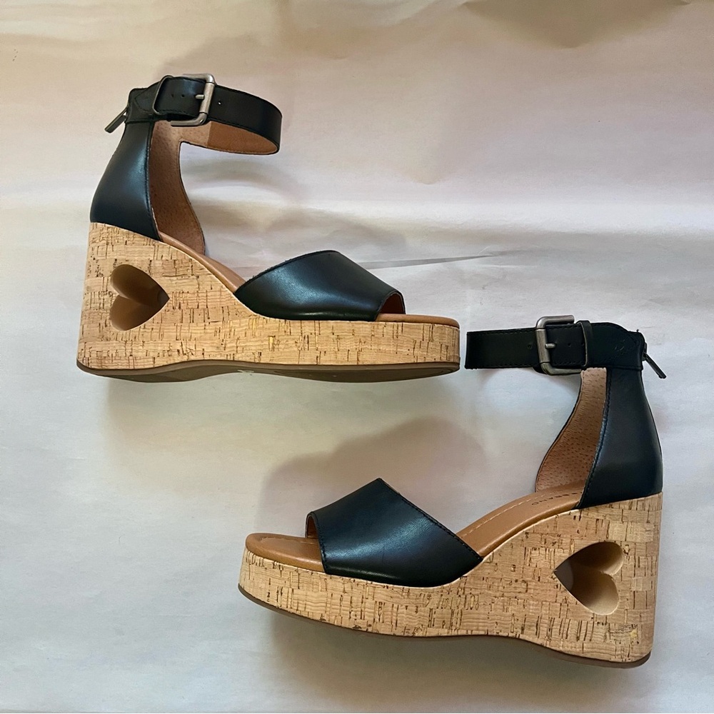 Lucky Brand Himmy Black Wedge Sandals with Cork Heart Cutout Heel